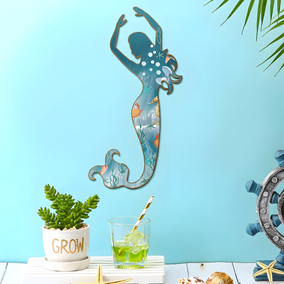 金属美人鱼墙壁艺术乡村风格悬挂式墙壁装饰品蓝色金属雕塑工艺品